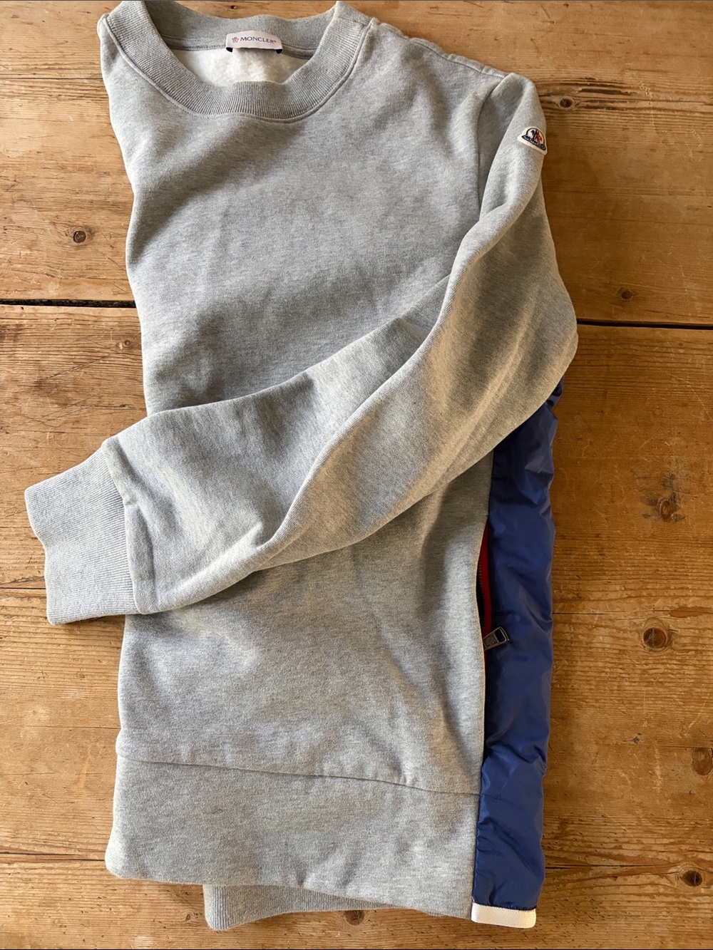 Moncler Maglia Girocollo  Men’s Gray w/ Blue Nylon Sides Crewneck Sweatshirt